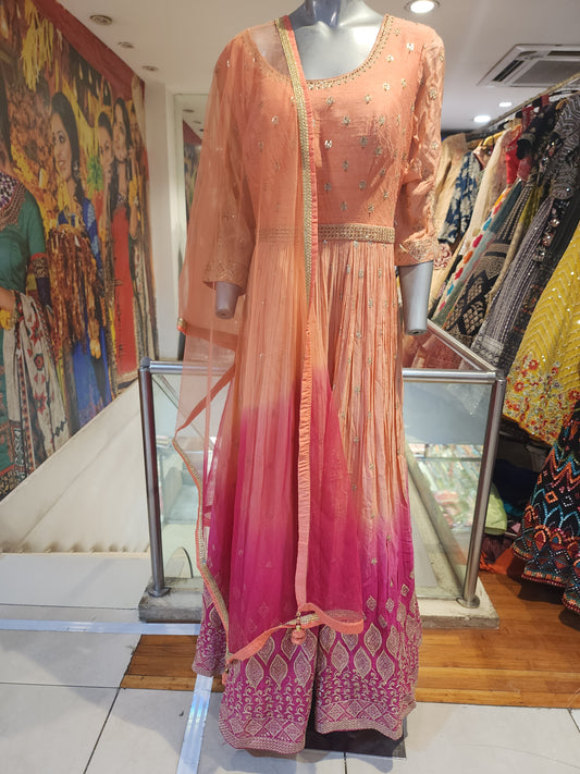 Peach and hot pink colour zari sequins  work dress with net dupatta