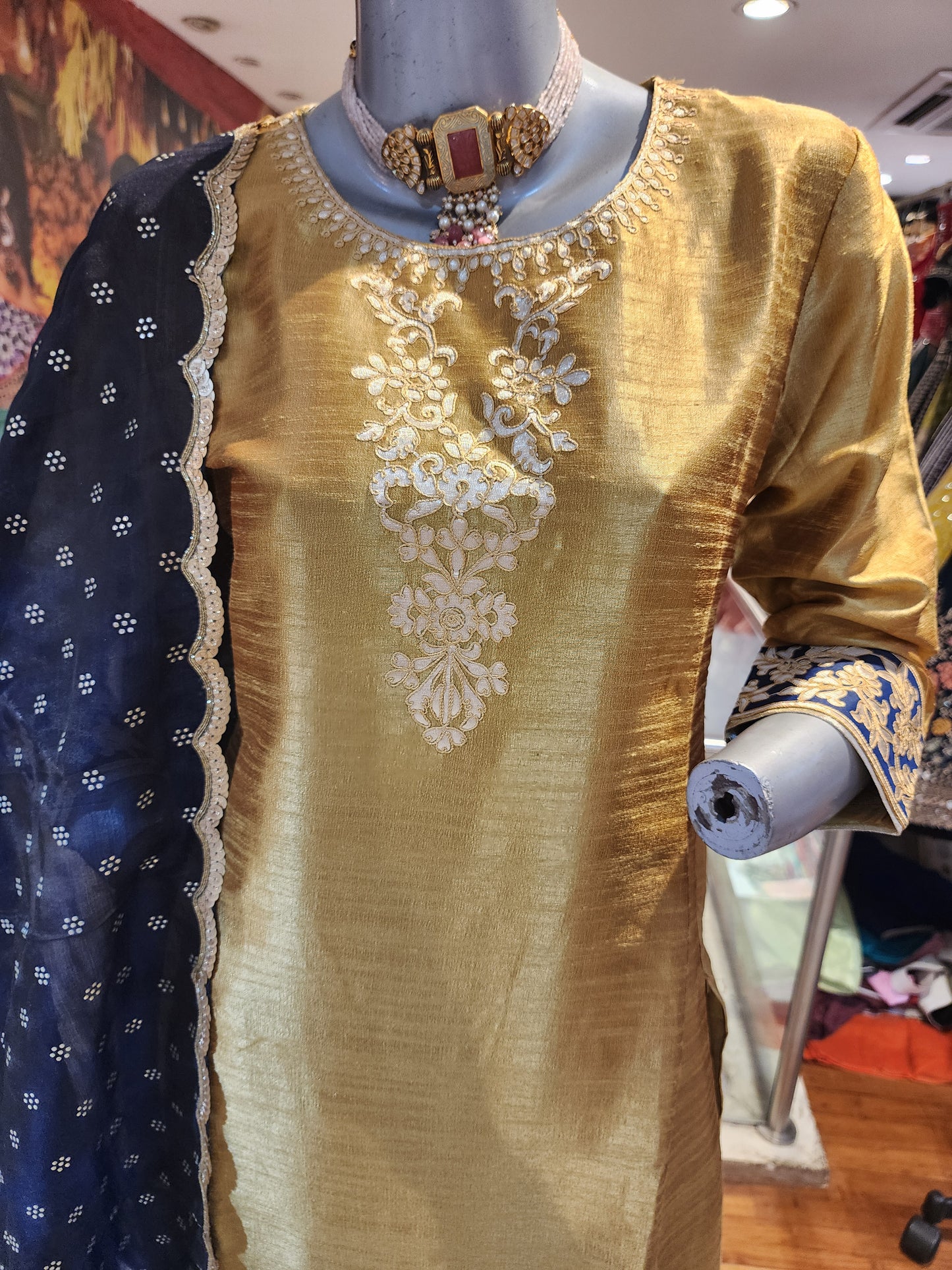 Golden raw silk with pant suit dupatta nevy blue colour with sequins  lace