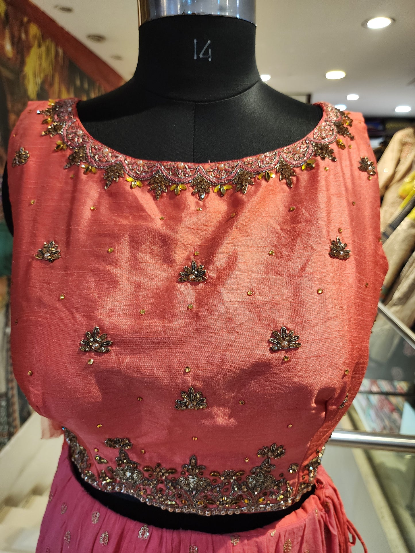 Gaajri georgette lehenga with raw silk choli with hand work