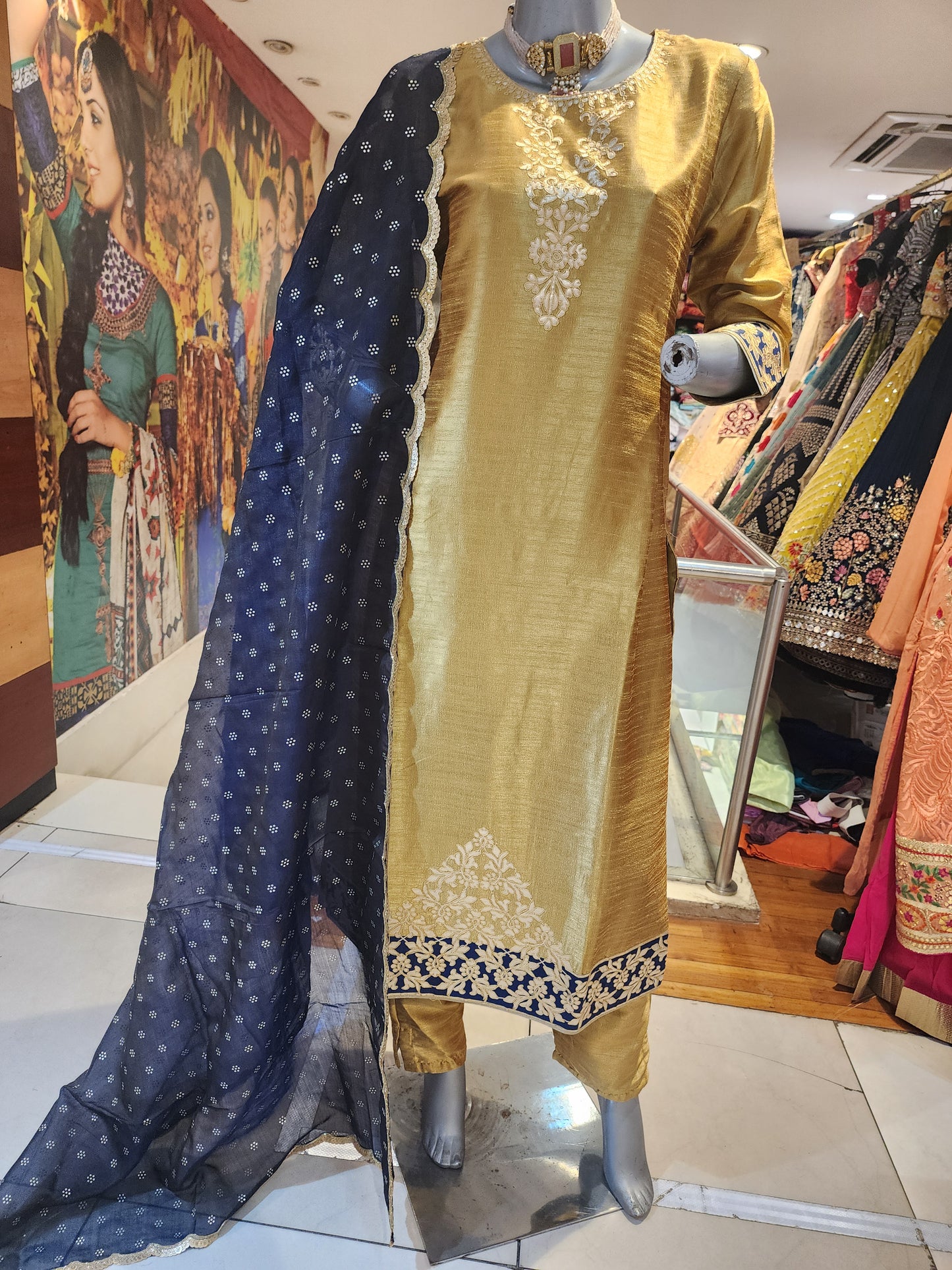 Golden raw silk with pant suit dupatta nevy blue colour with sequins  lace