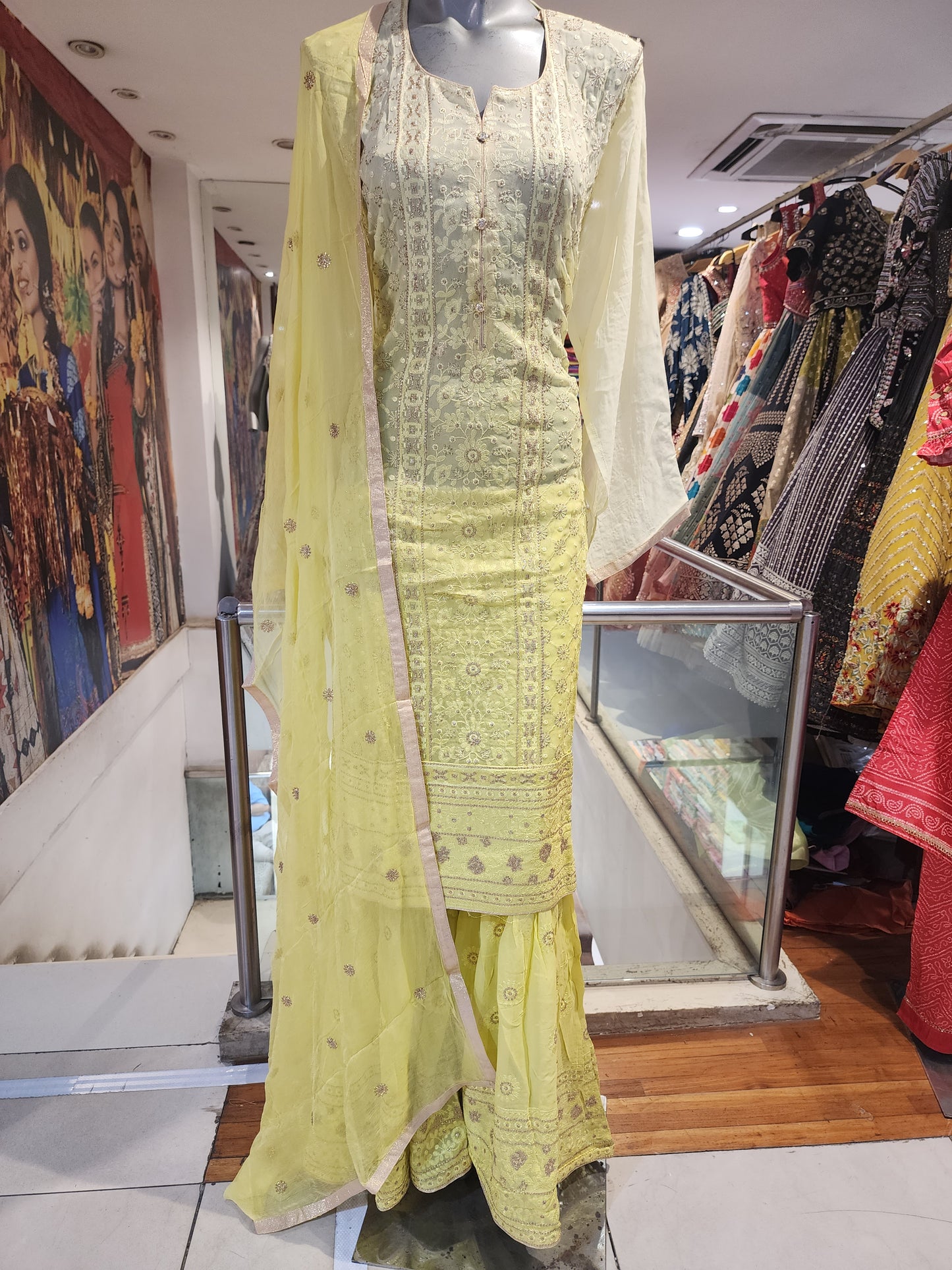 Lemon two shade georgette garara suit , machine Lucknowi work