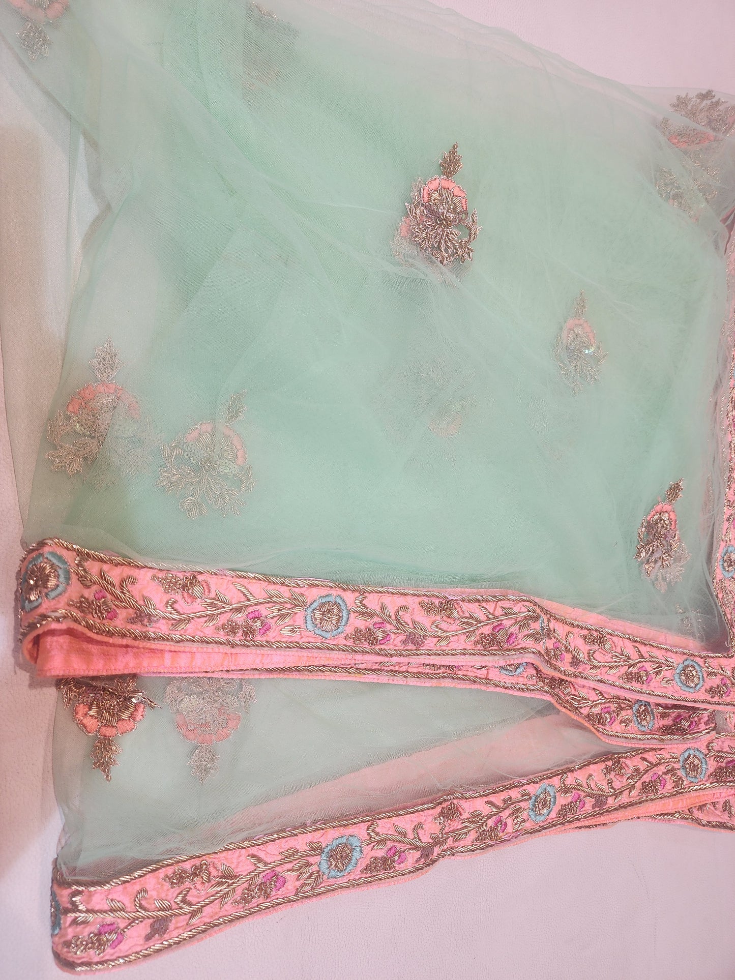 Pure silk dabka sequins  resham work  heavy blouse work , peach and pista Green colour  lehanga Freesize