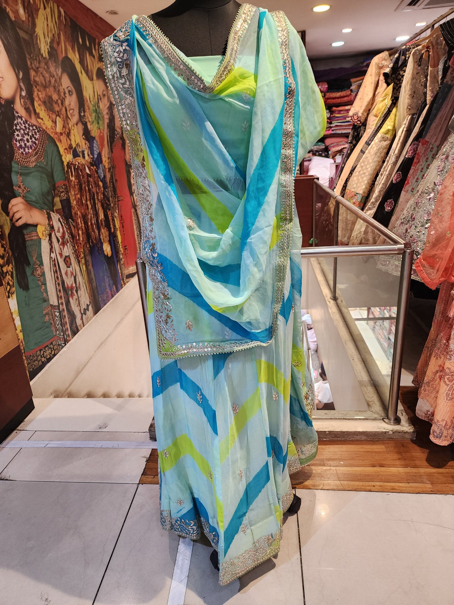 Rajasthani style Lehariya georgette lehenga, gota patti work