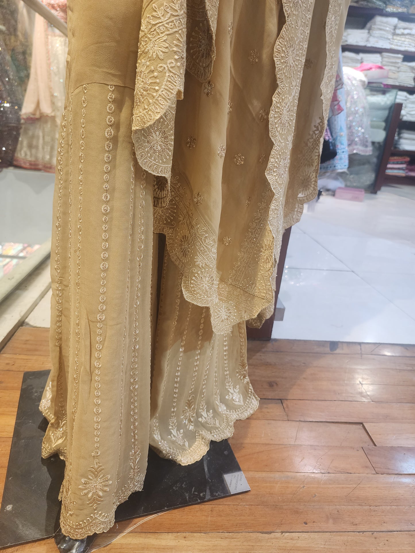 Golden brown georgette chikankari resham work shirt with dupatta sharara suit