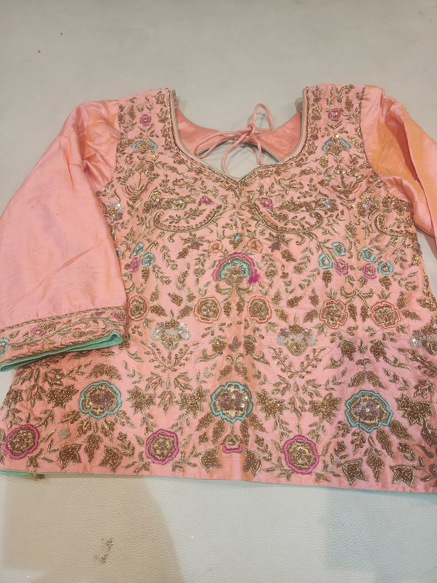 Pure silk dabka sequins  resham work  heavy blouse work , peach and pista Green colour  lehanga Freesize