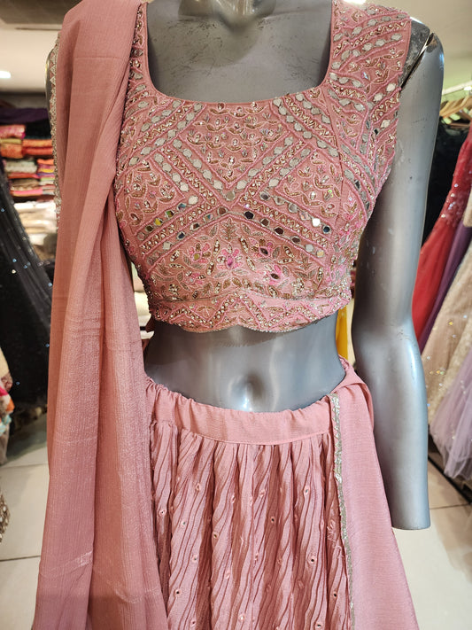 Pink georgette mirror work lehanga