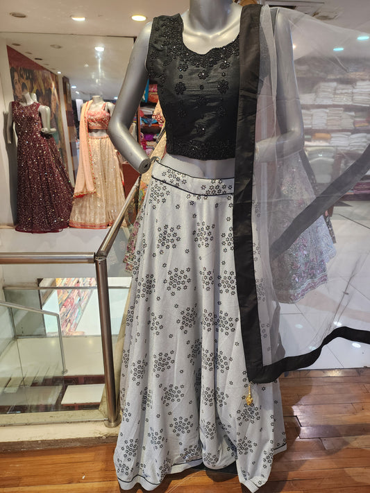 Grey and black lehanga with net dupatta