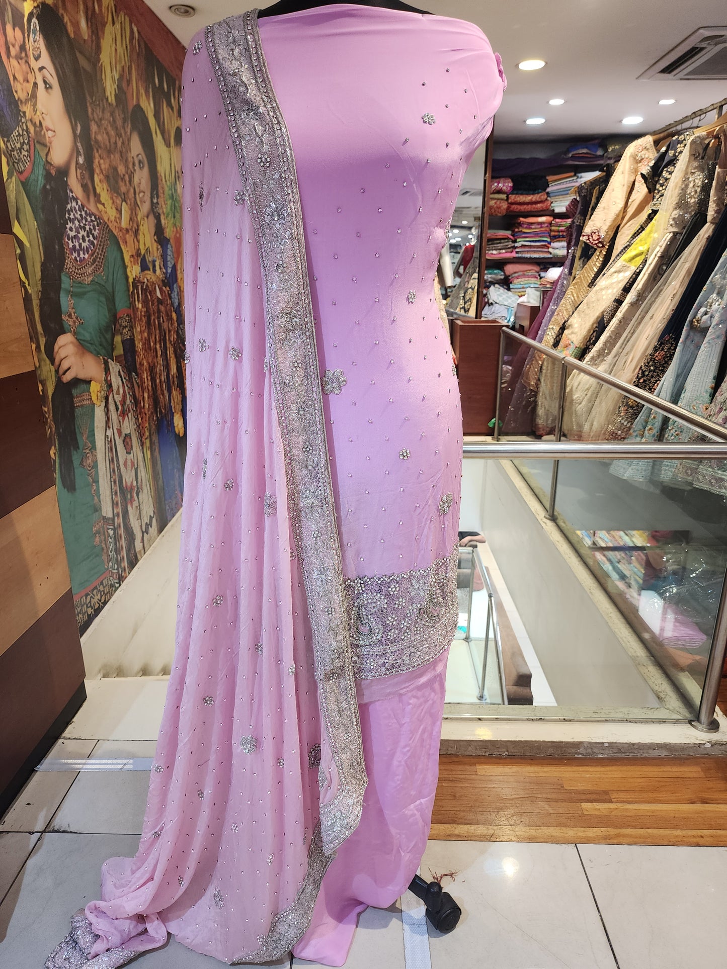 Pink Pure crepe silver dabka work +Jerkan work ,with heavy four side border  dupatta