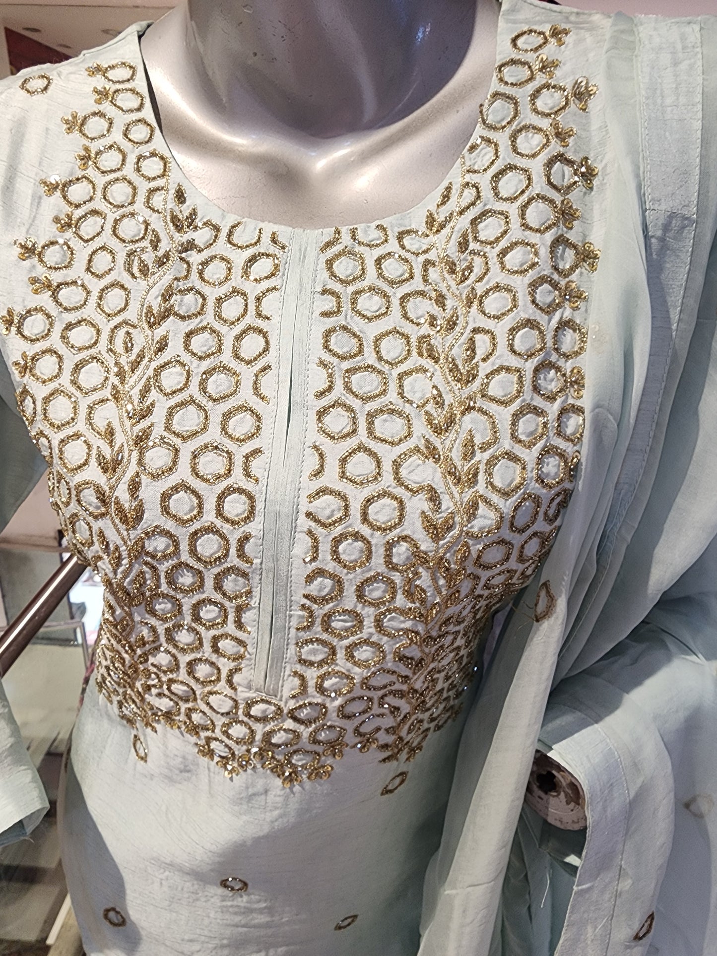 Sky blue semi raw silk umbrella plazzo suit. , zari + cut dana work