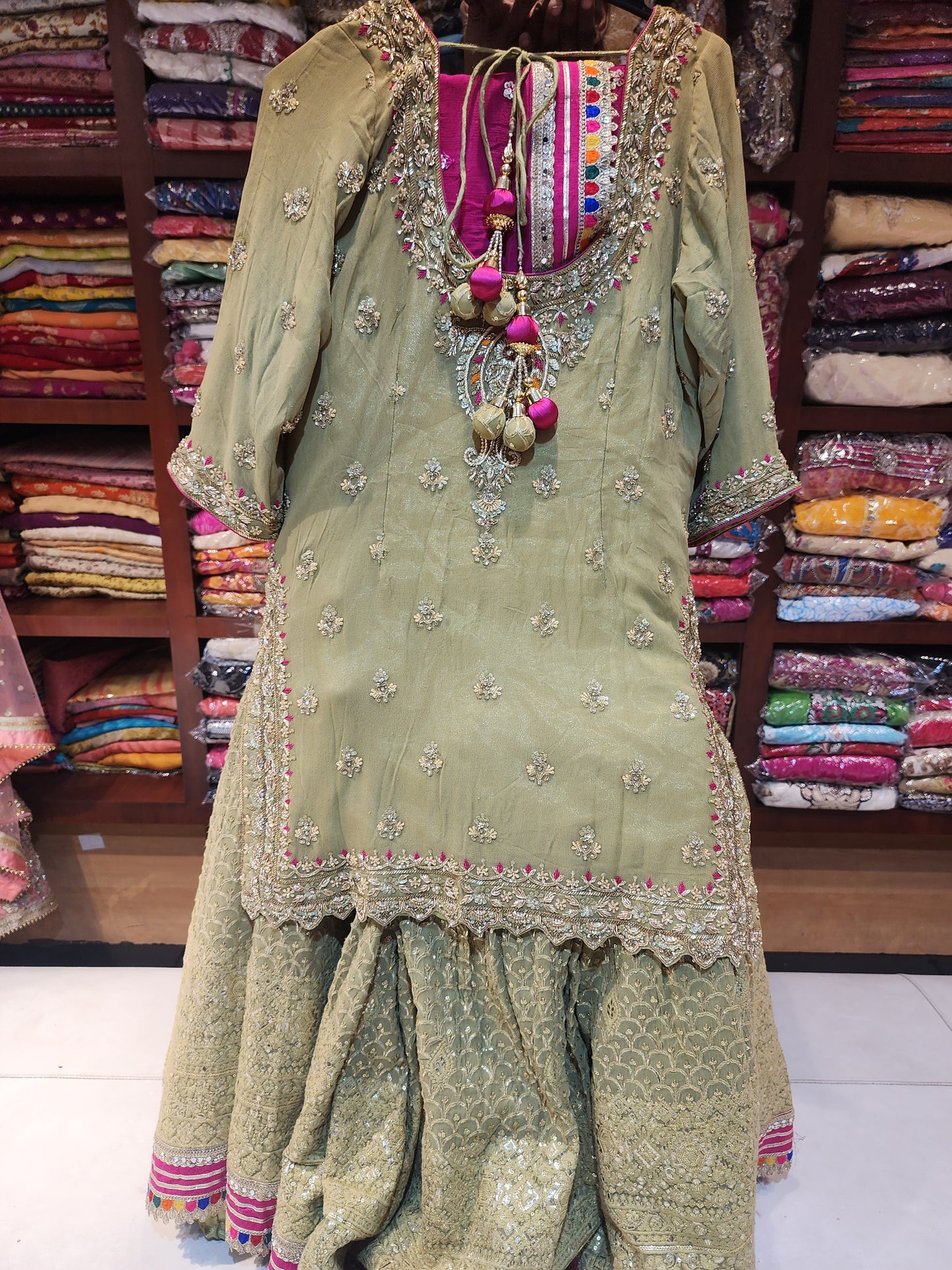 Pista Green handwork shirt and lakhnavi sequins  lehanga with magenta dupatta with border