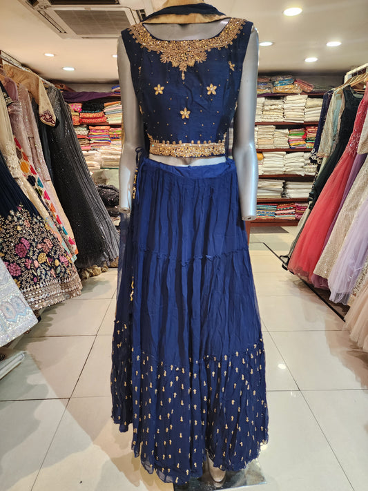 Royal blue georgette  lehenga raw silk choli with dabka work