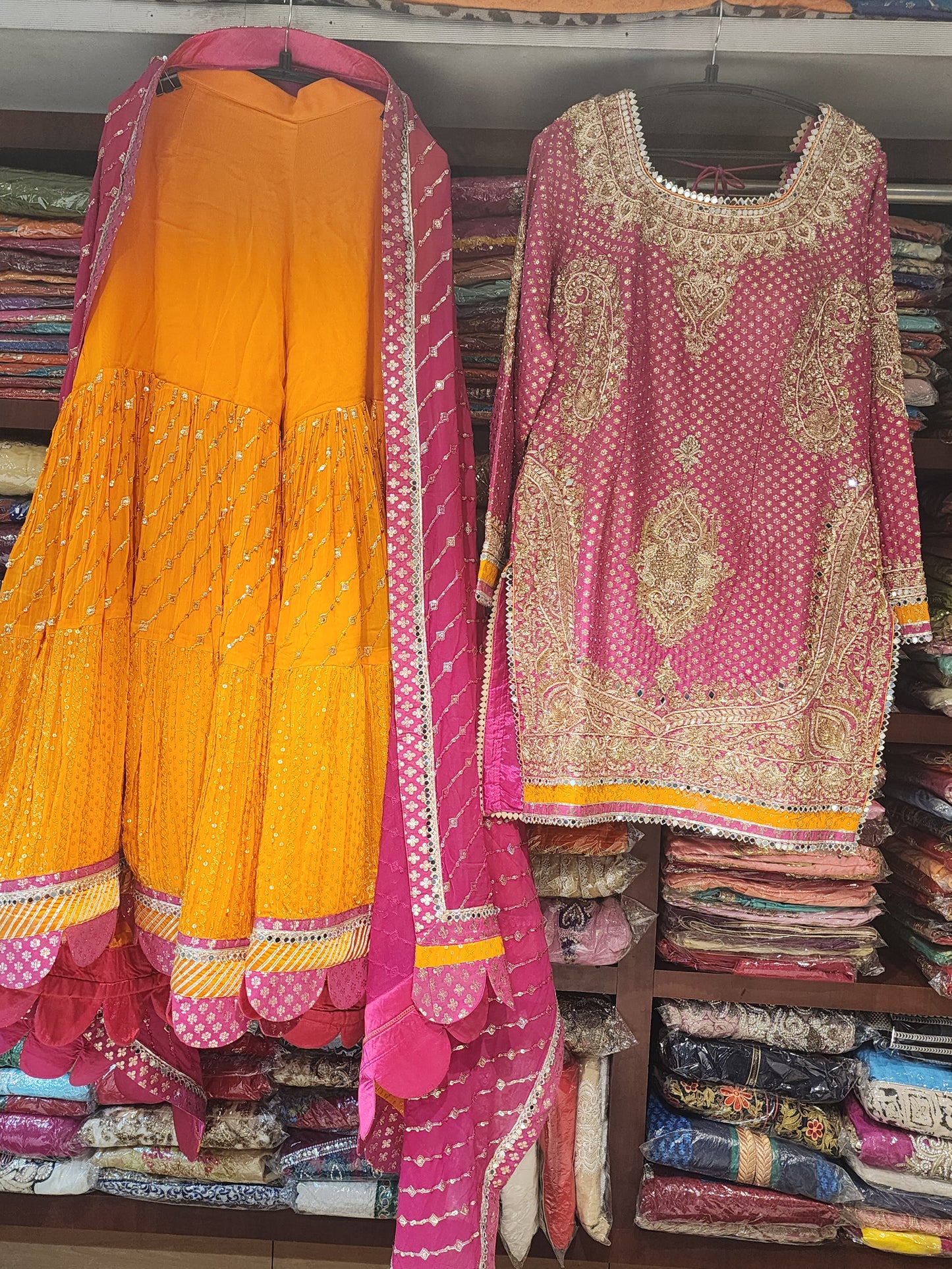 Pink and Mango colour banrasi georgette  handwork sharara shirt suit