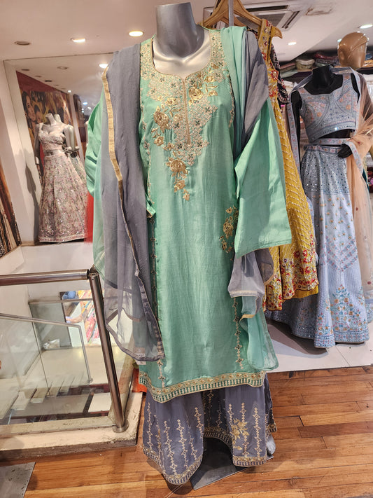 Semi stich muslin suit Seagreen and Grey