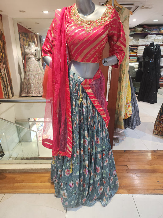Printed chinon lehanga with banarsi blouse with hand work , net dupatta