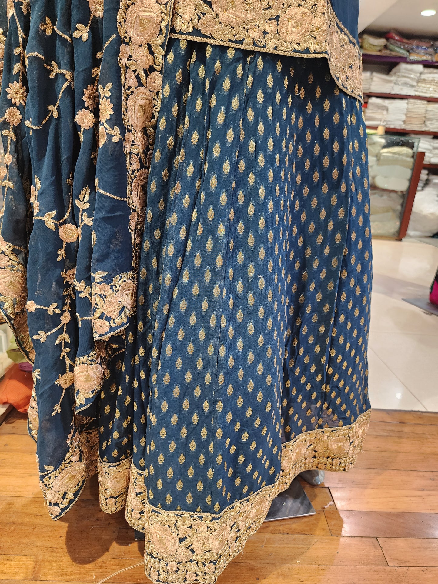 Peacock blue georgette  shirt with banarsi skirt , zari jaal dupatta