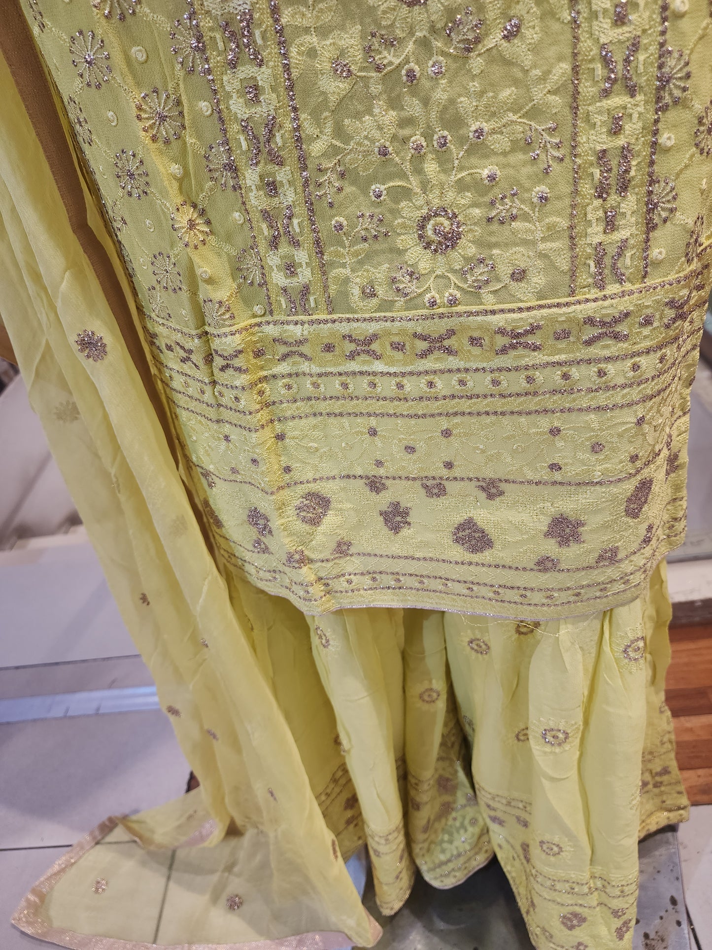 Lemon two shade georgette garara suit , machine Lucknowi work