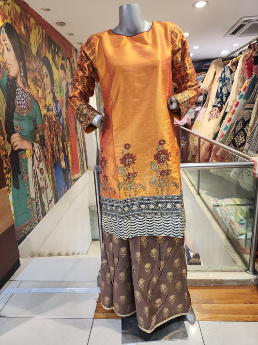 Orange cotton raw silk readymade suit sharara