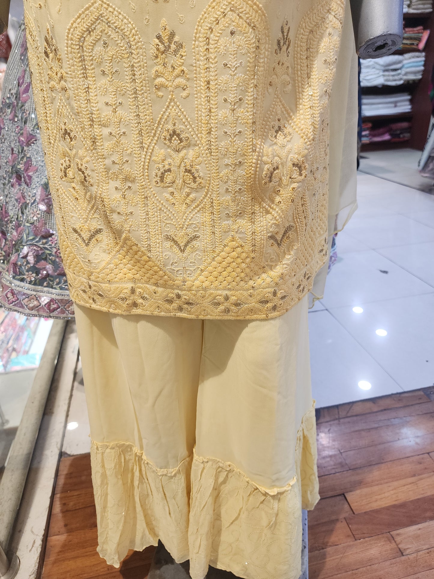 Georgette chikankari  yellow colour readymade sharara suit with dupatta