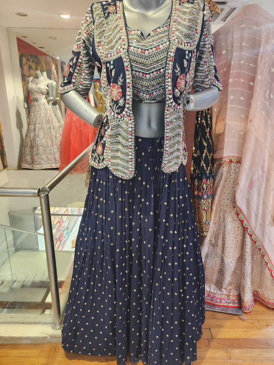 Nevy blue heavy hand work jacket and blouse and chinnon lehanga