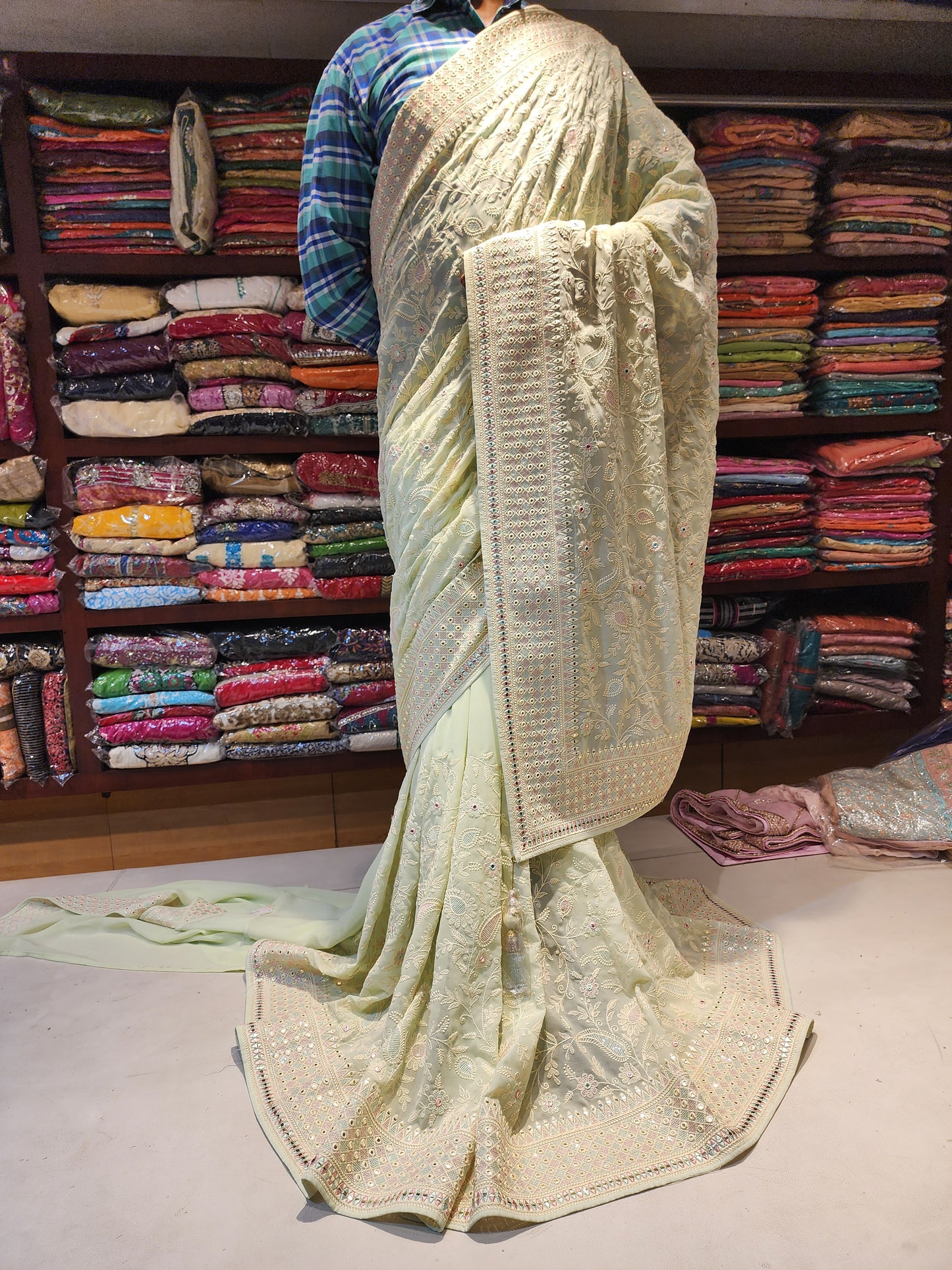 Pista Green machine  Luckhnowi mirror work georgette  saree