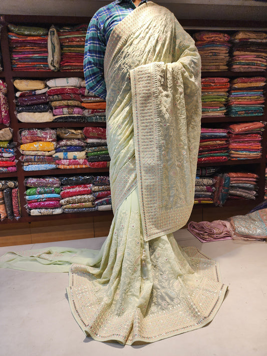 Pista Green machine  Luckhnowi mirror work georgette  saree