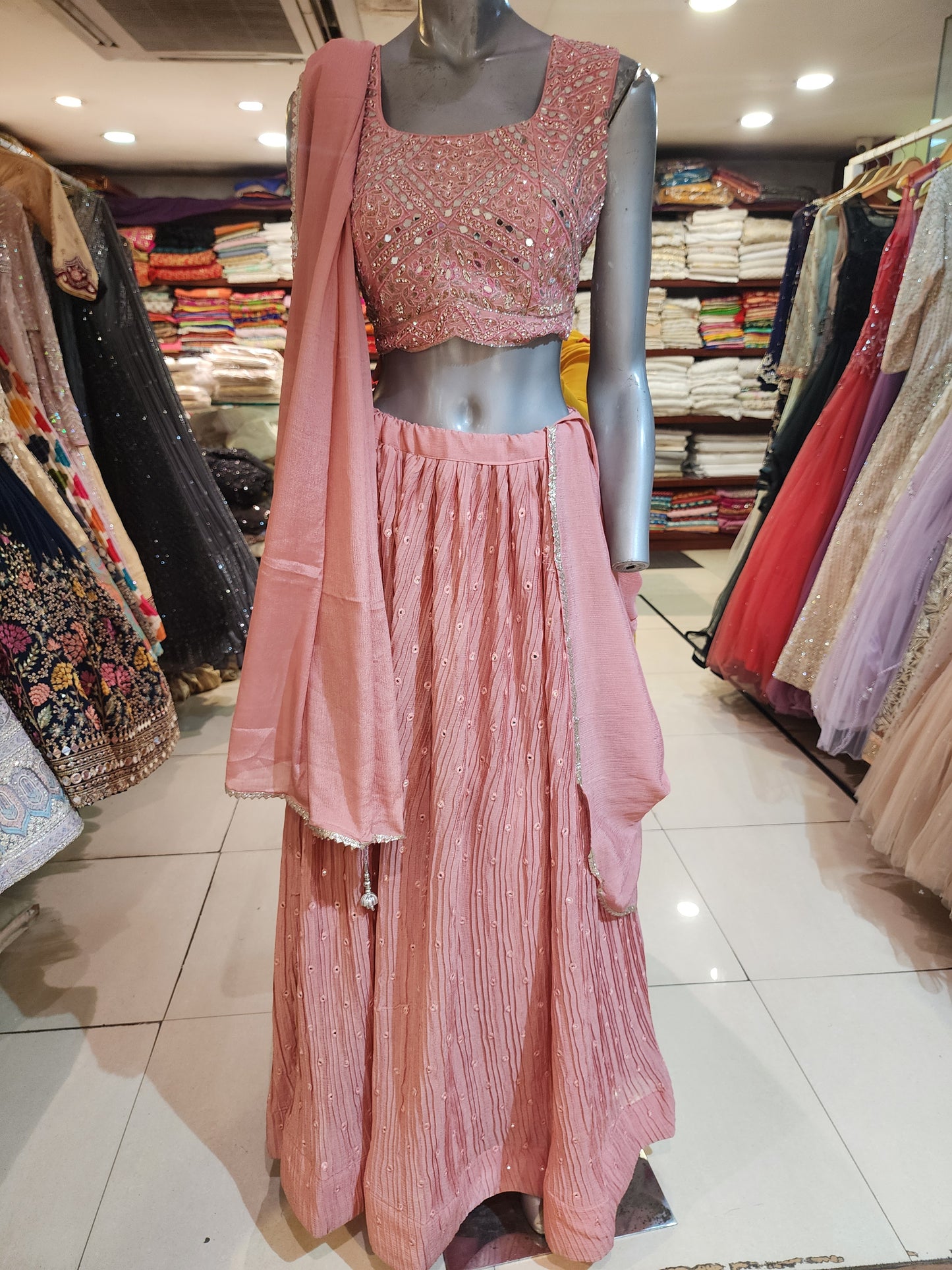 Pink georgette mirror work lehanga