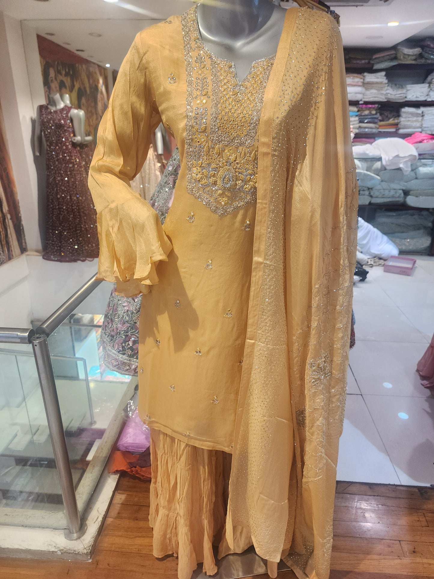 Mustard colour chinon  suit , resham + cut dana + servowski  work , garara suit
