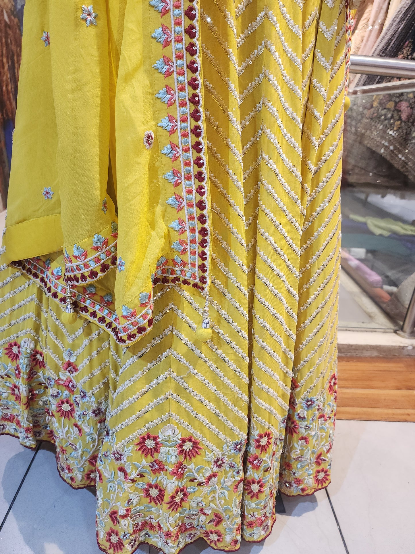 Yellow georgette heavy  machine work lehanga with four side border  dupatta