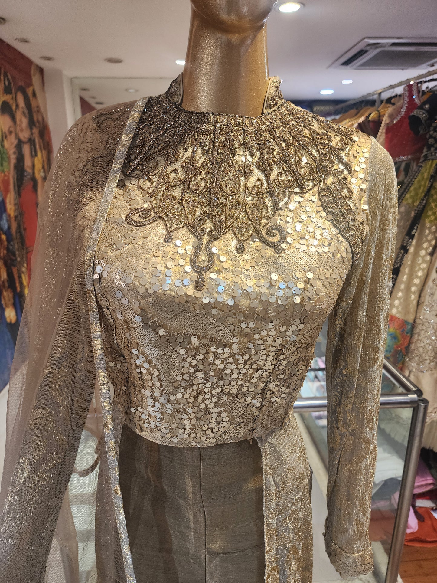 Golden shimmer dress with pants medium size