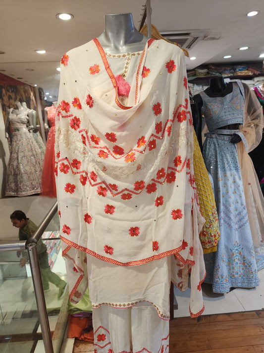 Cream colour georgette sharara semi stich  suit   , phulkari work large/XL  size sharara