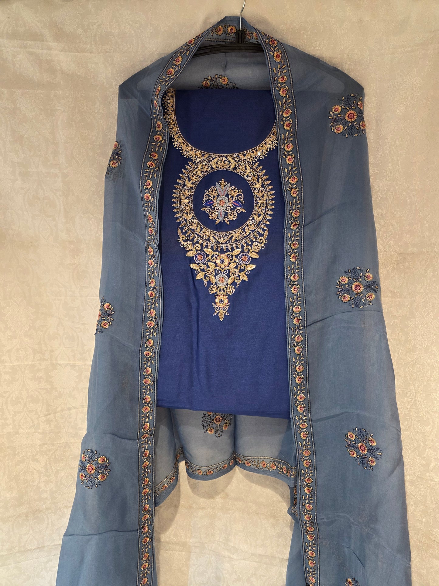 Cotton silk unstiched suit with organza dupatta handwork