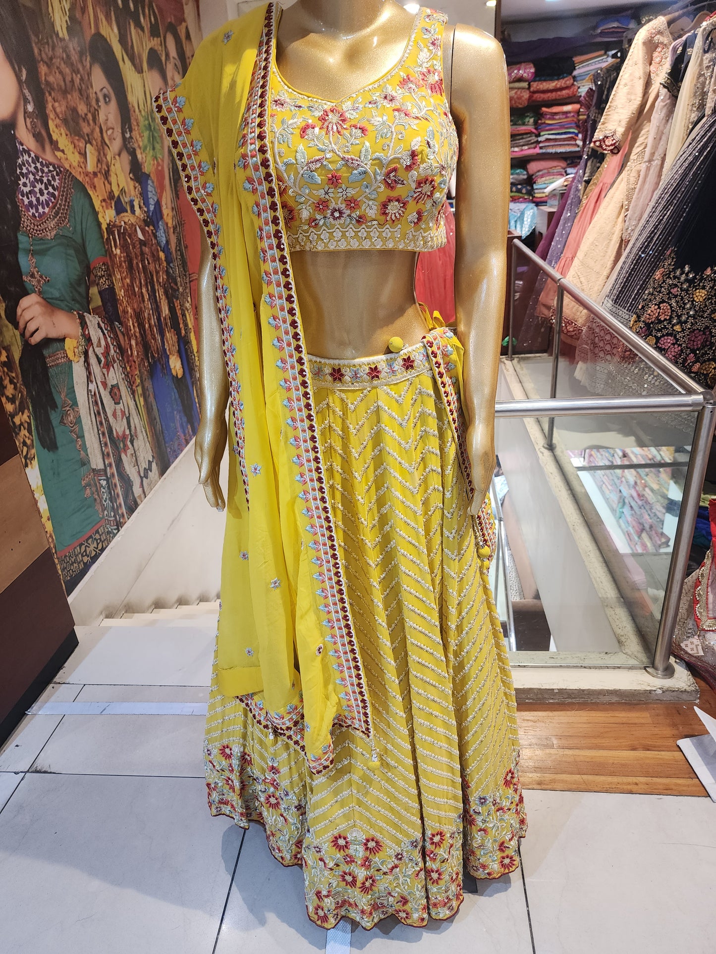 Yellow georgette heavy  machine work lehanga with four side border  dupatta