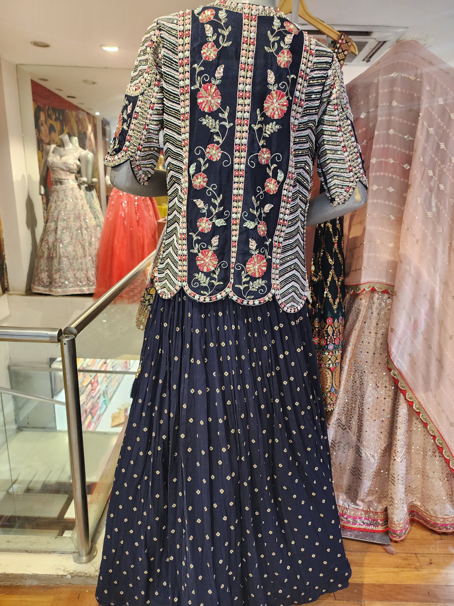 Nevy blue heavy hand work jacket and blouse and chinnon lehanga