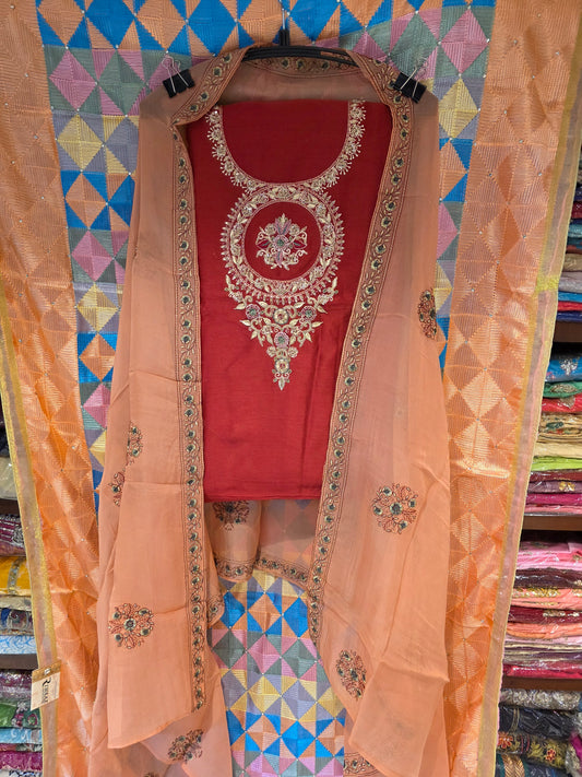 Cotton silk unstiched suit with organza dupatta handwork