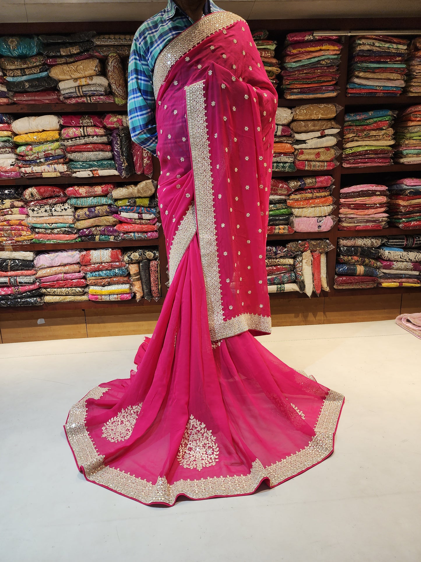 Hot pink Pure Georgette saree jaipuri work gotta patti