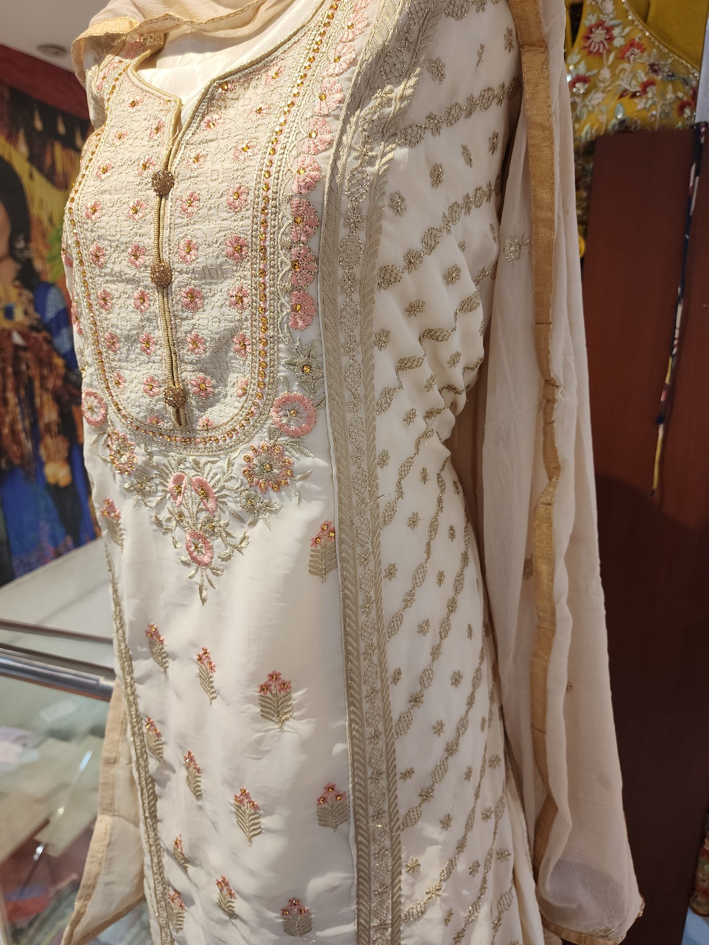 Cream colour  georgette machine thread work sharara suit