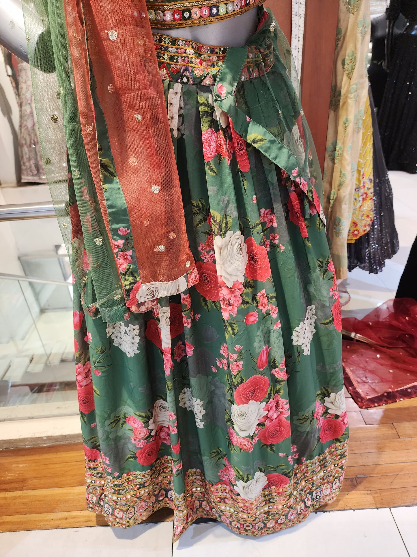 Printed Green georgette  lehanga thread work border with net dupatta