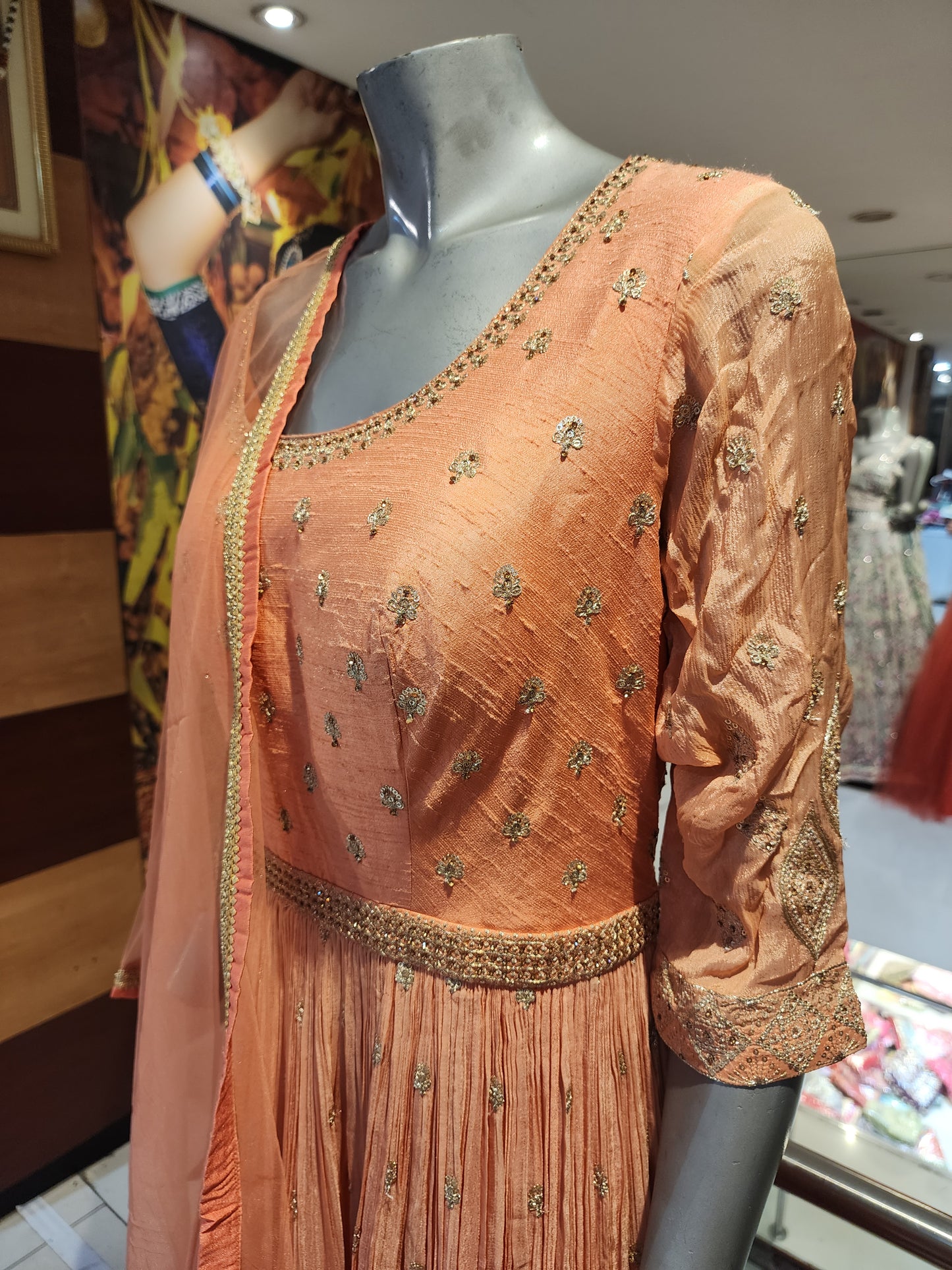 Peach and hot pink colour zari sequins  work dress with net dupatta