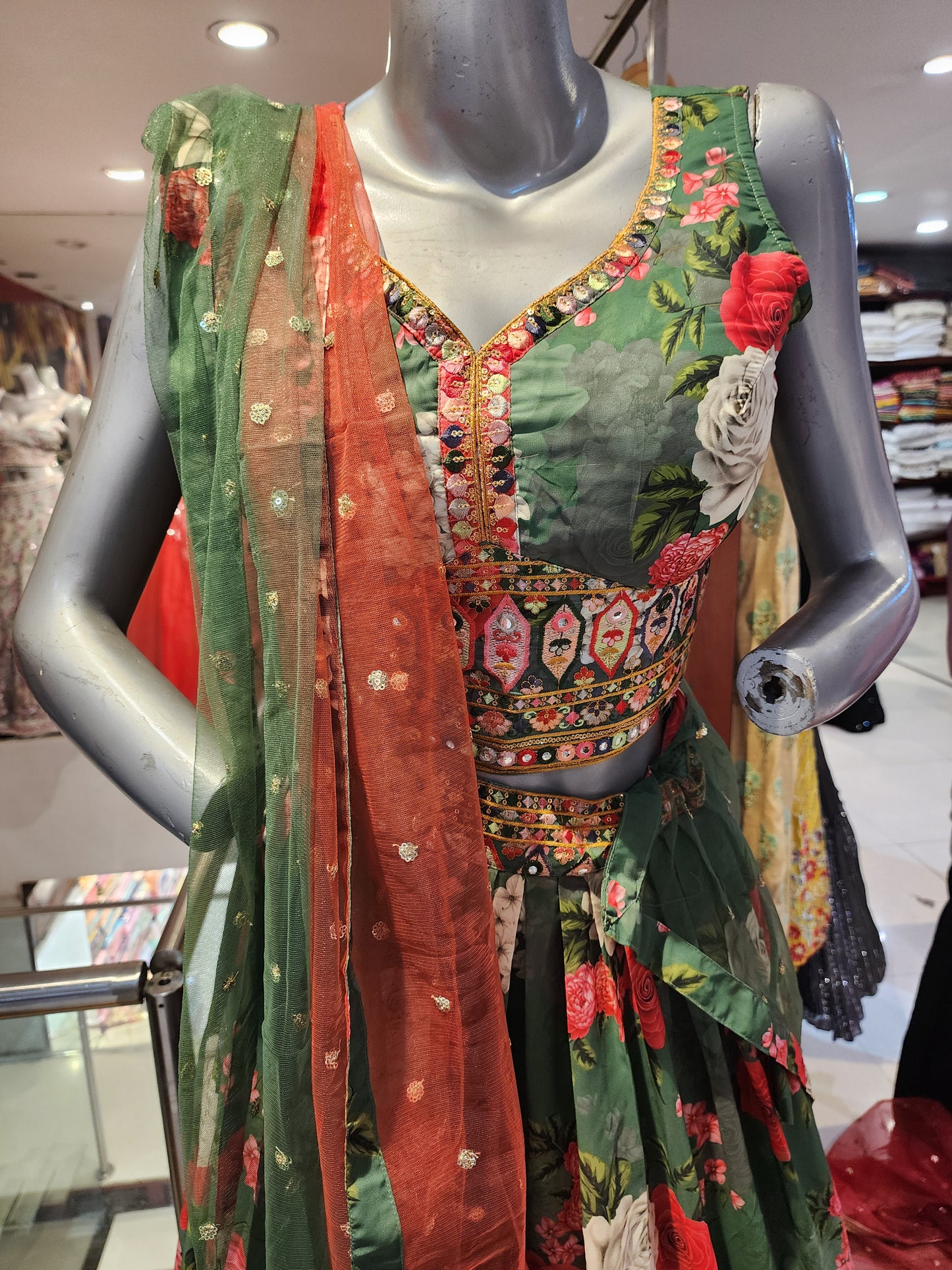 Printed Green georgette  lehanga thread work border with net dupatta
