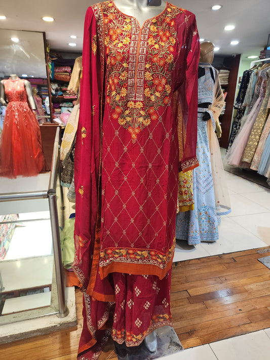 Red colour  machinethread work sharara suit