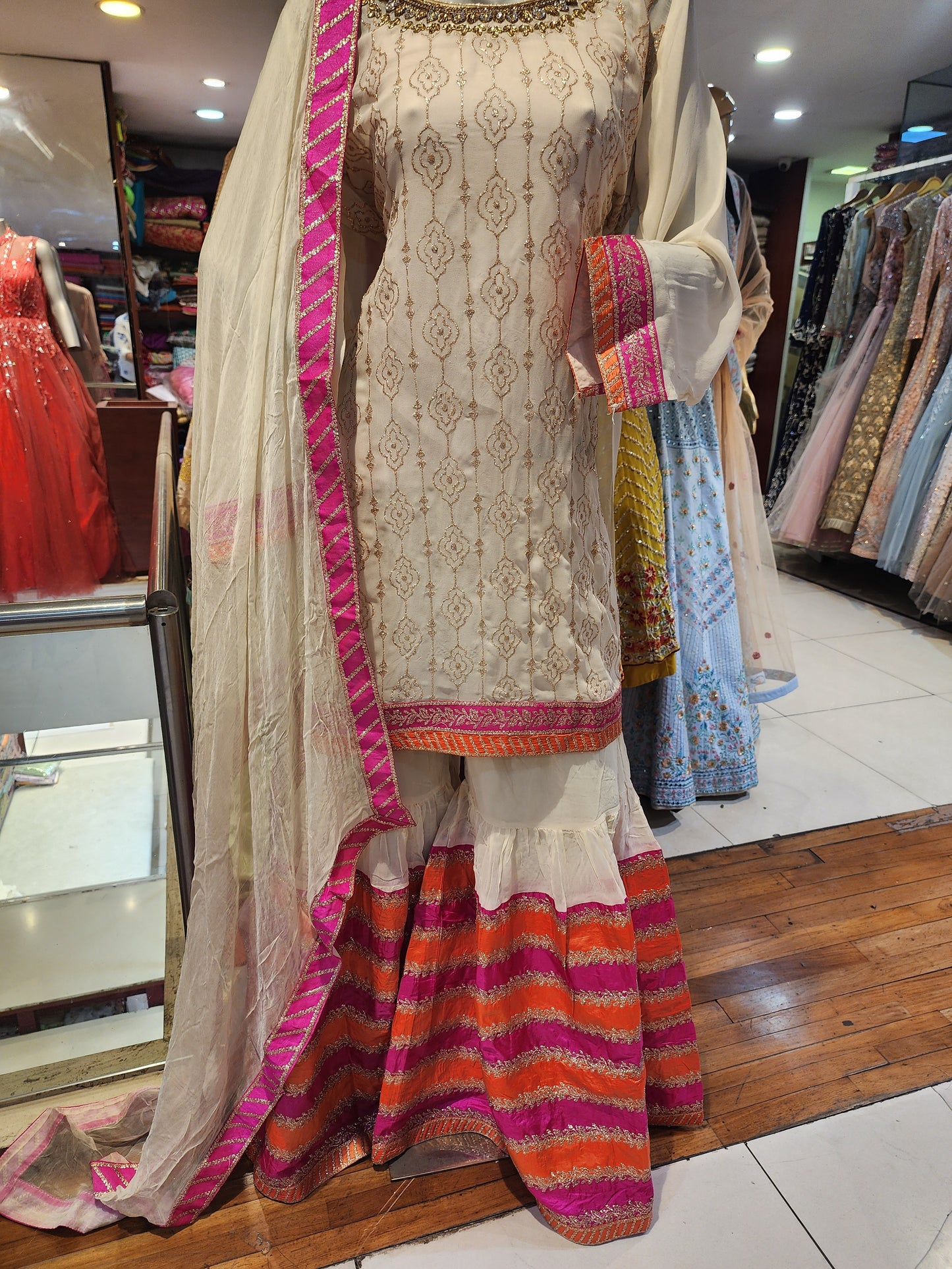 Georgette cream colour garara suit, baadla work with multicolored  gararar