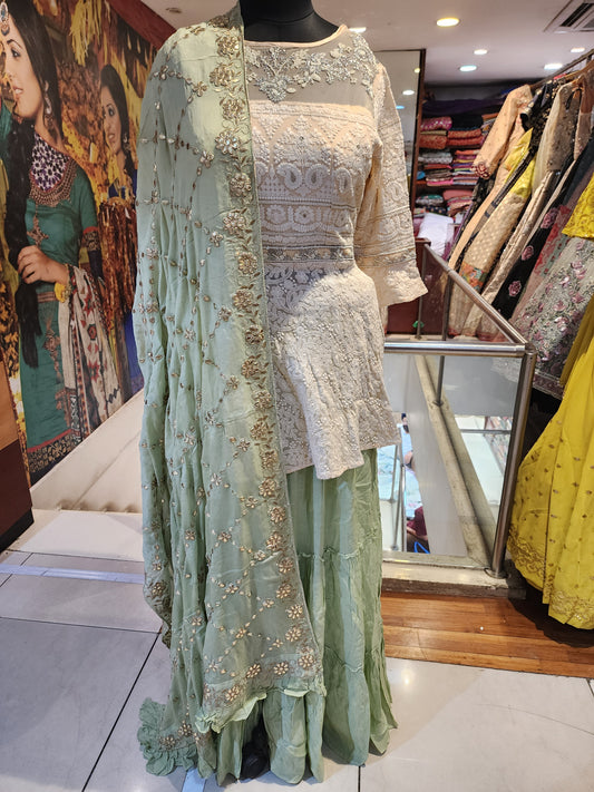 White  and mint georgette  lehenga  with Lucknowi peplum top with gotapatti work  dupatta