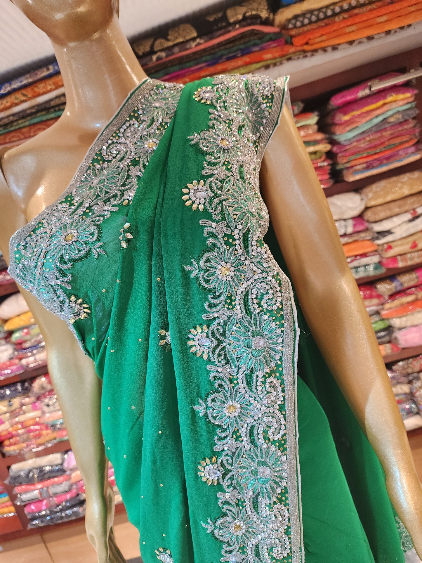 Leaf Green pure georgette servowski work