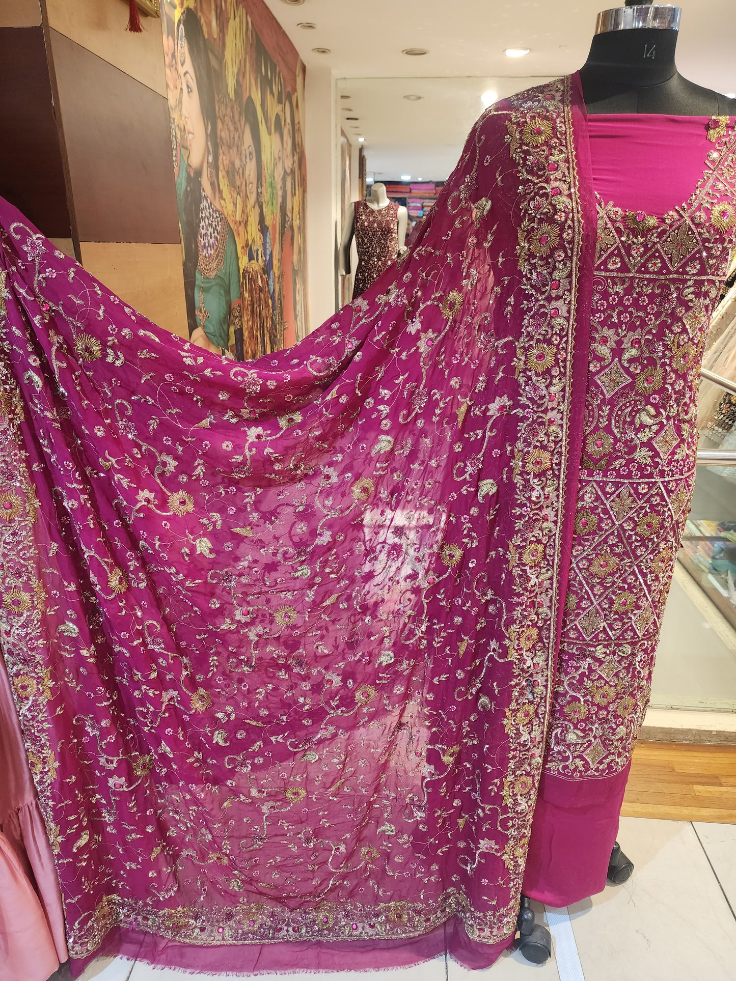 Magenta pure crepe jaal antique hand work suit with jaal antique  work dupatta