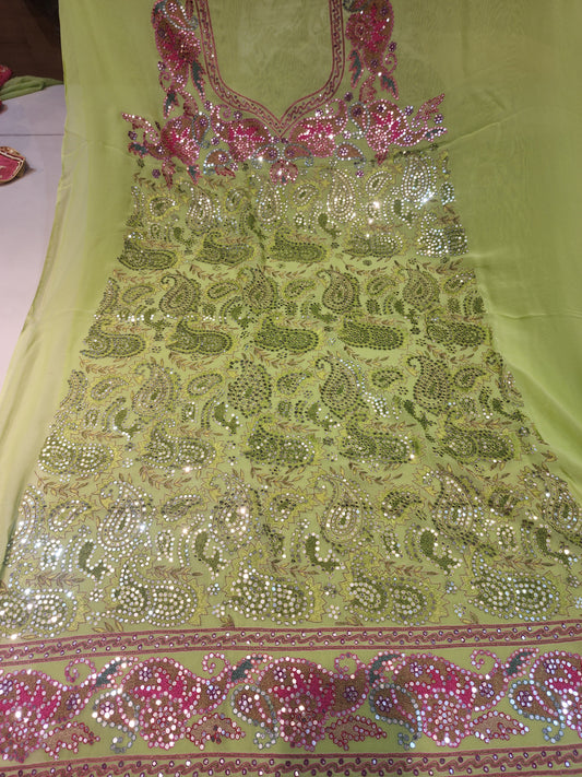 Mirror and resham work pure georgette  parrot Green suit