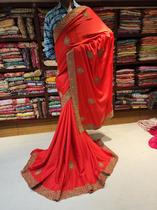 Shamu Satin tamoato Red saare with gold servowski work
