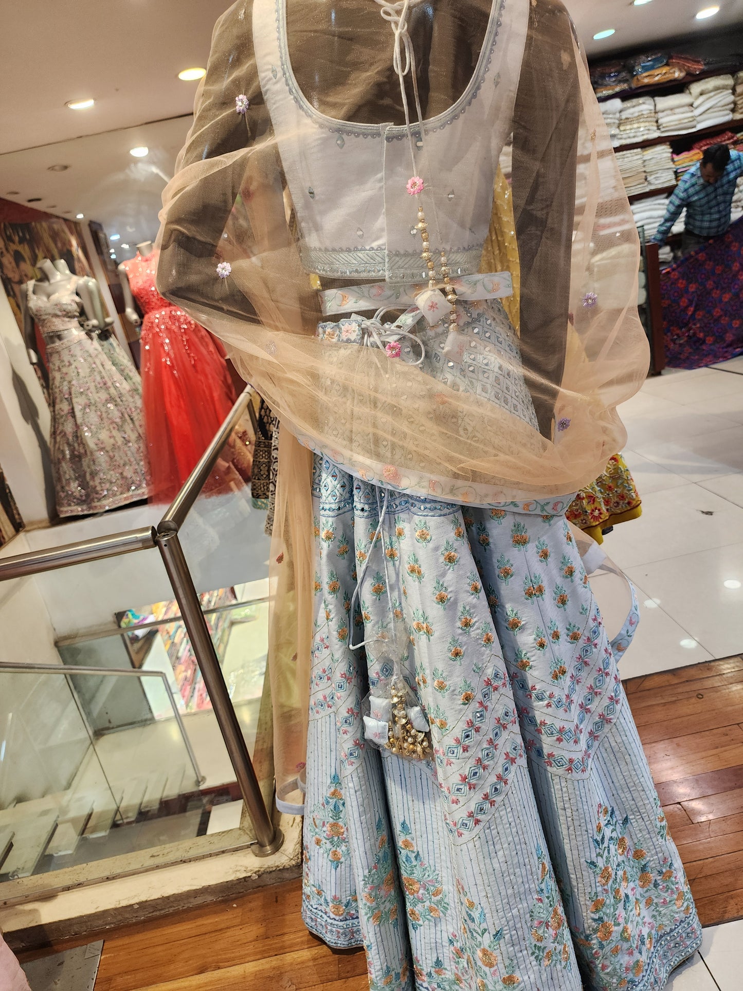 Ferozi lehenga choli with dupatta , mirror and resham work