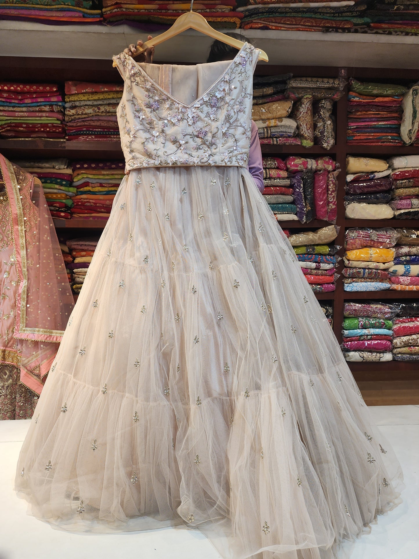 Readymade  dusty pink Pure net  lehanga with servowski  resham work