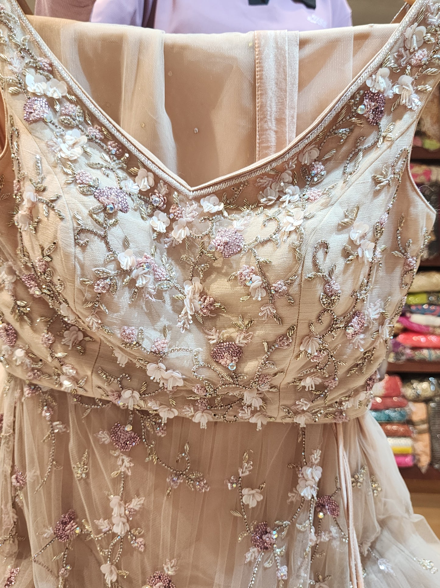 Readymade  dusty pink Pure net  lehanga with servowski  resham work
