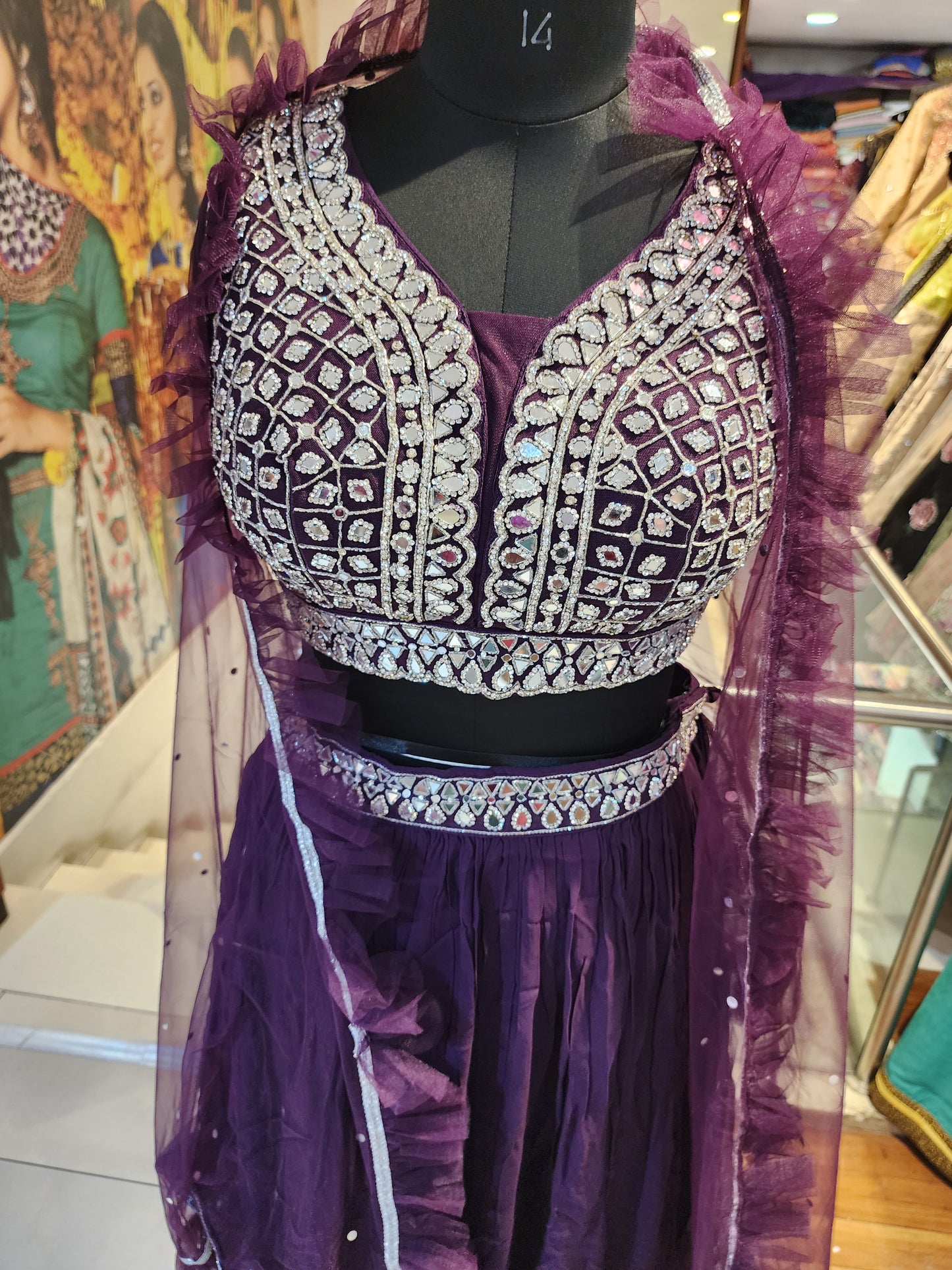 Purple crepe lehenga  choli with mirror  work